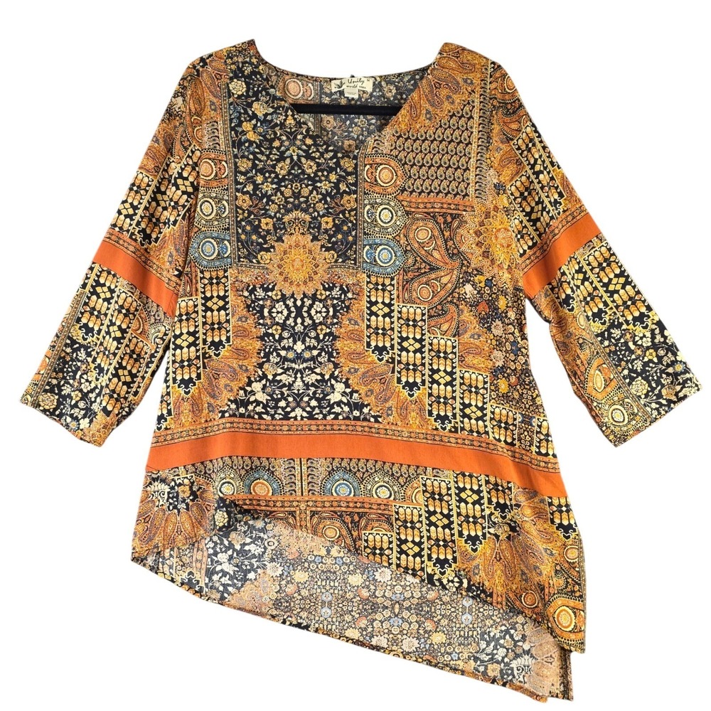 Unity World Wear M Orange Paisley Geometric Tunic V-Neck 3/4 Sleeve Asymmetrical